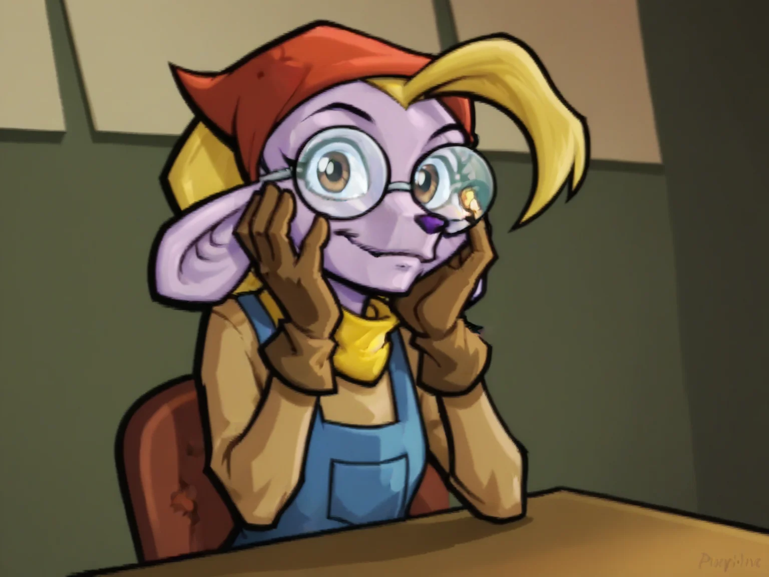Score_9, score_8_up, score_7_up, score_6_up, BREAK
indoors
<lora:Penelope_Sly_3_Honor_Among_Thieves__Pony_Diffusion_r1:0.8> Penelope_sly3, blonde hair, furry female, purple skin, red bandana, glasses, brown eyes, blue overalls, brown shirt, gloves, sitting, hands on own face, looking at viewer, table, close-up