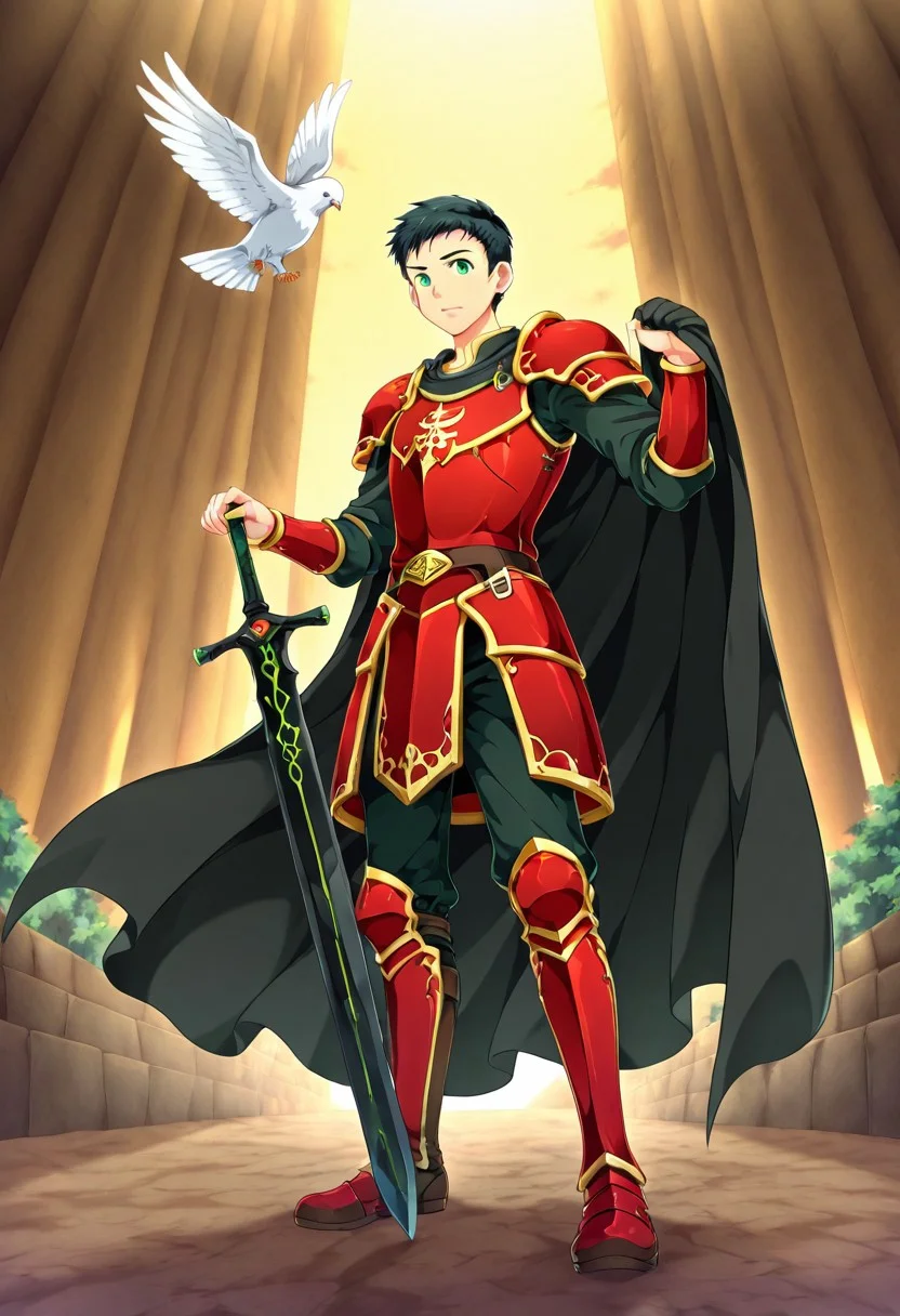 yuto_umemura, black hair, short hair, mint green eyes, he is dressed in a suit of dark iron platemail. Break. he is holding up a black coloured sword. Properly holding the sword by the hilt, his armour bears a crest of a yellow dove. fantasy armour. stylized silver dove emblems and symbols on armour and sheild. Break. epic background is a a beautiful palace. a strong wind is blowing his cape, red armour