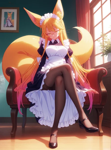 best quality,amazing quality,<lora:miko:1>,miko_fox,glasses,yellow eyes,seductive smile,full body,maid,crossed legs,