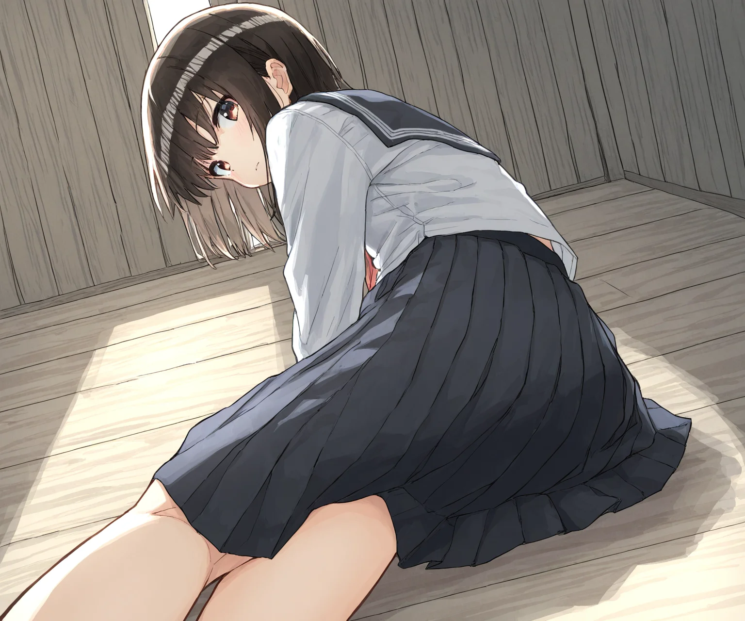 masterpiece, best quality, amazing quality, sfw, 1girl, solo, shirt, pleated skirt, sailor collar, looking at viewer, <lora:Kakuninii style ILL:1.2> kakuninii