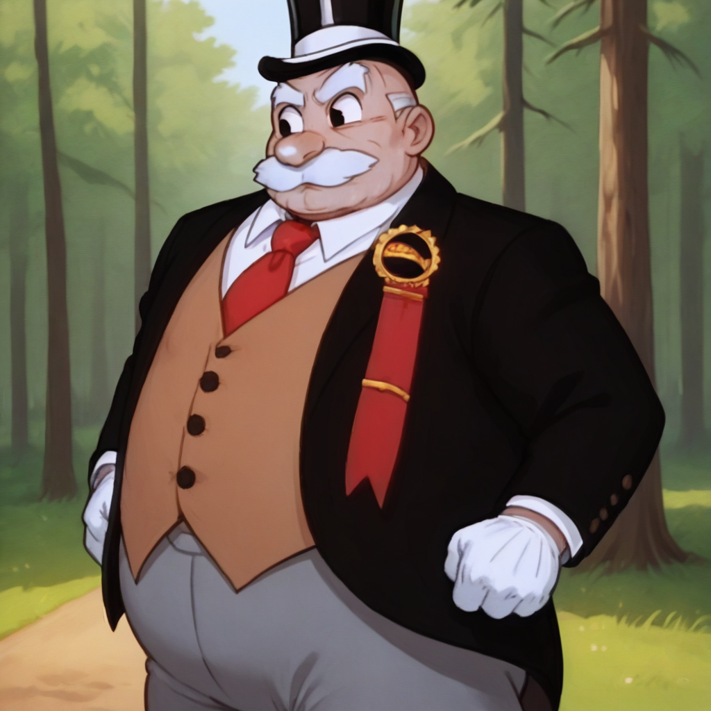 score_9_up, score_8_up, BREAK, TheJudge, solo, 1boy, black eyes, mustache, fat, black top hat, black suit, brown vest, red necktie, grey pants, cowboy shot,  <lora:Judge_PorkyGarden_PXL_Leaf3:0.8>, outdoors, forest,
