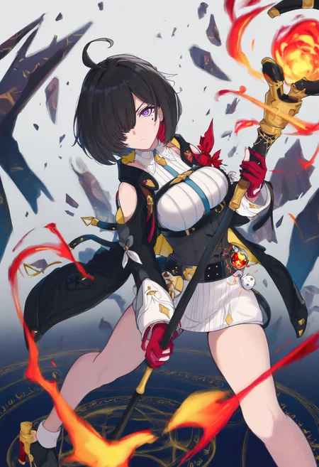 <lora:Char_Yumia_Liessfeldt:1>, purple eyes, hair over one eye, colored inner hair, black hair, red hair, bob cut, ahoge, mole under eye, 
white dress, collared dress, short dress, chest strap, ribbed dress, corset,
multicolored jacket, two-sided jacket, black jacket, yellow jacket, shoulder cutout, red armband, long sleeves, belt, partially fingerless gloves,
ankle boots, high heels,
standing, legs apart, holding staff, casting spell, fireball, abstract, magic circle, serious, debris, spiral, incoming attack, looking at viewer, very awa, masterpiece, best quality, highres, absurdres
