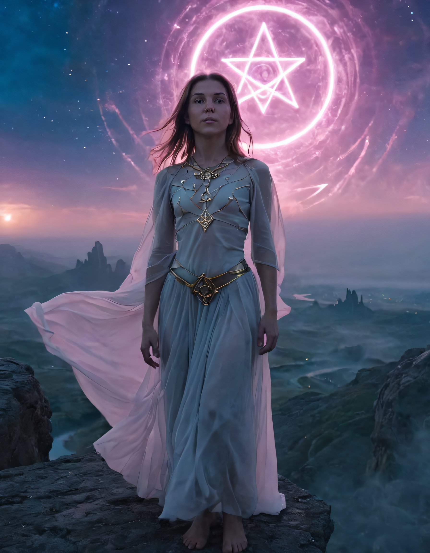 Rony captures the moment as a resilient, solo strong-willed female protagonist stands fearlessly atop the edge of an ethereal surreal landscape wearing her mystical ensemble adorned with celestial symbols, confidently expressing power and grace while vibrantly connecting the realms of fantasy and reality. <lora:kgyqls18f933280b7g346:1>
