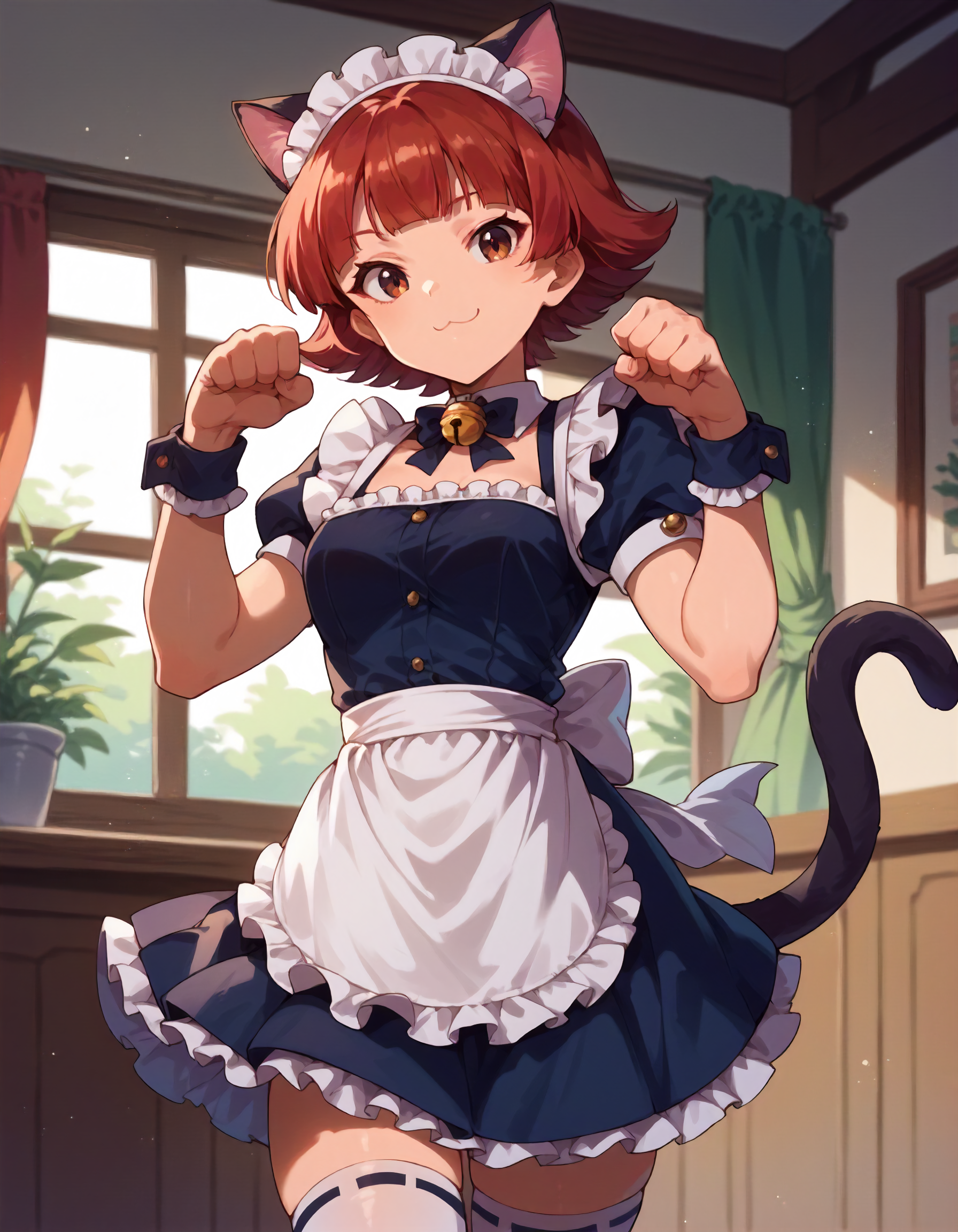 score_9, score_8_up,score_7_up,1girl,solo,cowboy shot,paw pose,looking at viewer,smile,closed mouth,indoors,
<lora:nonoharaakane_ponyXLV6:0.6>,mlna,red hair,short hair,blunt bangs,brown eyes,
cat ears,maid apron,bell,wrist cuffs,thighhighs,cat tail