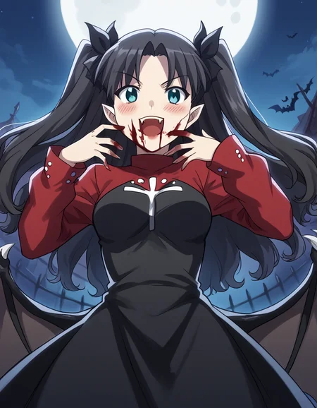score_9, score_8_up, score_7_up, source_anime, <lora:carnivalphantasm-rin-tohsaka-ova-ponyxl-lora-nochekaiser:1>, rin tohsaka, aqua eyes, black hair, hair ribbon, long hair, ribbon, sidelocks, two side up, parted bangs, medium breasts,, <lora:vampire-ponyxl-lora-nochekaiser:1>, vampire, red eyes, pointy ears, fangs, black dress, wings, blood, blood on face, blood on mouth, bat (animal), halloween, halloween costume, upper teeth only, night, moon, blush, smile, open mouth, , dutch angle, cowboy shot