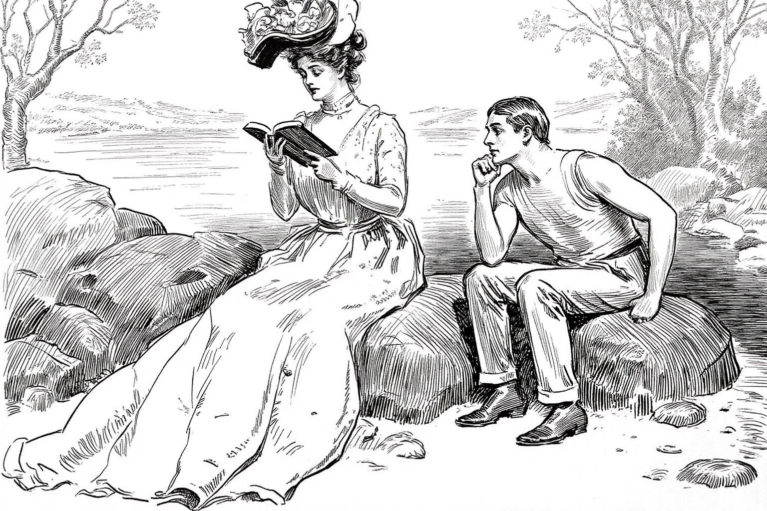charlesdgibson1 illustration.
A woman and a man sitting by a river, surrounded by trees and large rocks. The woman, on the left, is dressed in a long, flowing gown with intricate lace and ruffles, and an elaborate wide-brimmed hat adorned with flowers. She is reading a book. The man, on the right, has his head resting on his hand and is gazing at the woman. <lora:charlesdgibson1_cap_d8a4:1.0><lora:840164705109670185:0>