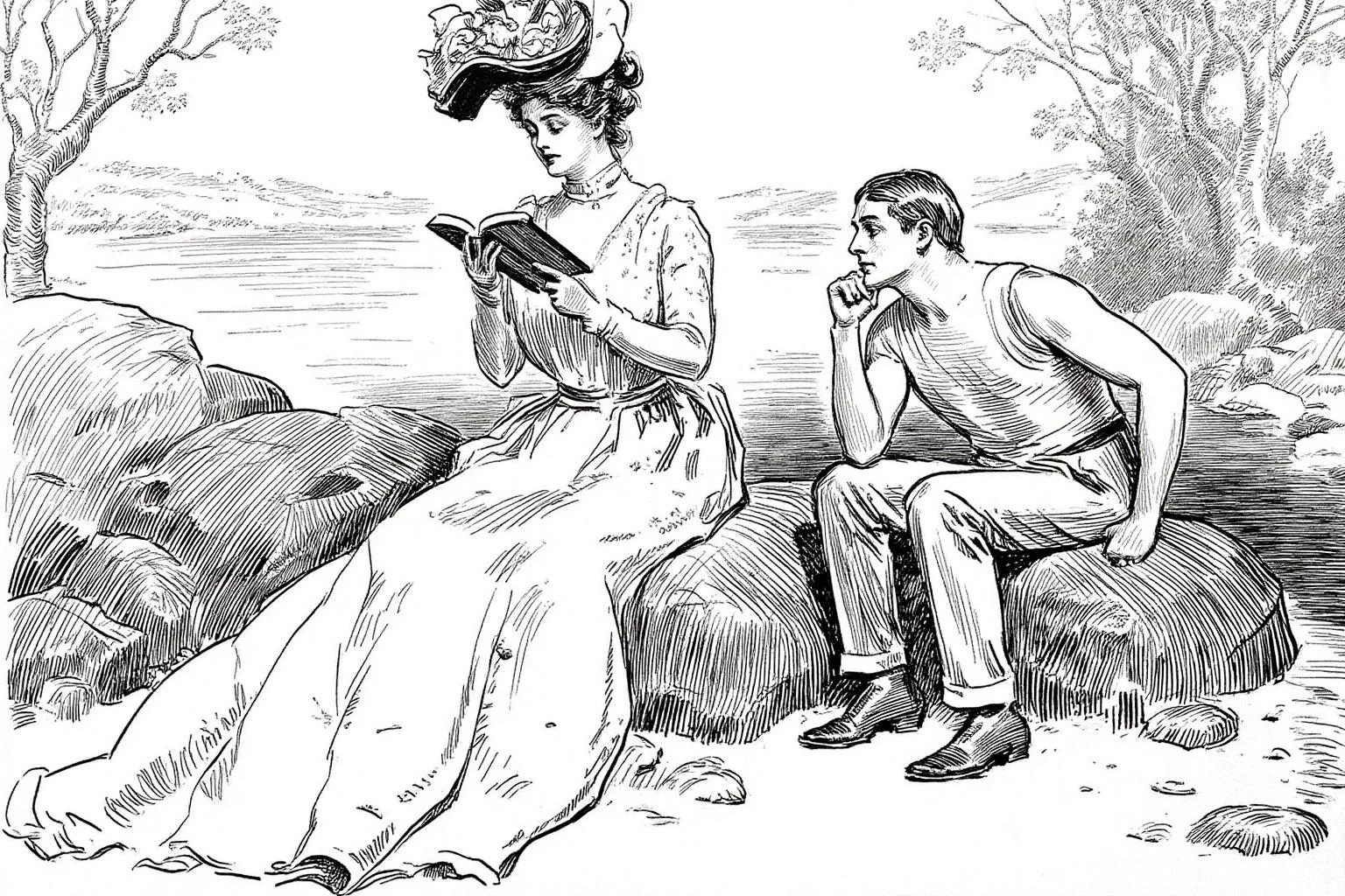 charlesdgibson1 illustration.
A woman and a man sitting by a river, surrounded by trees and large rocks. The woman, on the left, is dressed in a long, flowing gown with intricate lace and ruffles, and an elaborate wide-brimmed hat adorned with flowers. She is reading a book. The man, on the right, has his head resting on his hand and is gazing at the woman. <lora:charlesdgibson1_cap_d8a4:1.0><lora:840164705109670185:0>