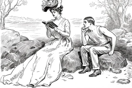 charlesdgibson1 illustration.
A woman and a man sitting by a river, surrounded by trees and large rocks. The woman, on the left, is dressed in a long, flowing gown with intricate lace and ruffles, and an elaborate wide-brimmed hat adorned with flowers. She is reading a book. The man, on the right, has his head resting on his hand and is gazing at the woman. <lora:charlesdgibson1_cap_d8a4:1.0><lora:840164705109670185:0>