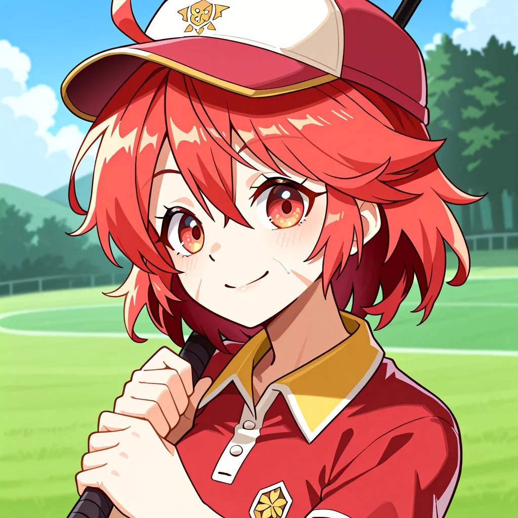 revya soul nomad, cute smile, red eyes, red hair, ahoge, detailed facial features, golf cap, golfer outfit, playing golf, fore, golf field background