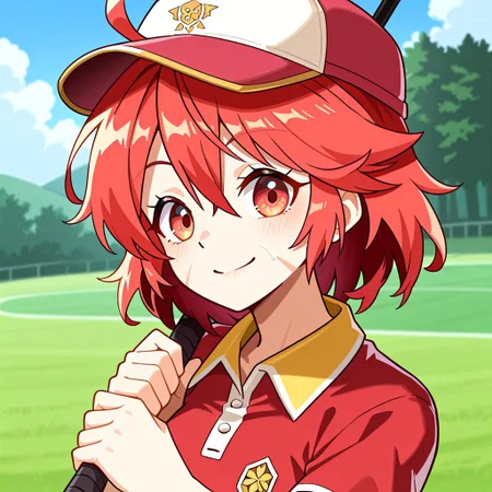 revya soul nomad, cute smile, red eyes, red hair, ahoge, detailed facial features, golf cap, golfer outfit, playing golf, fore, golf field background