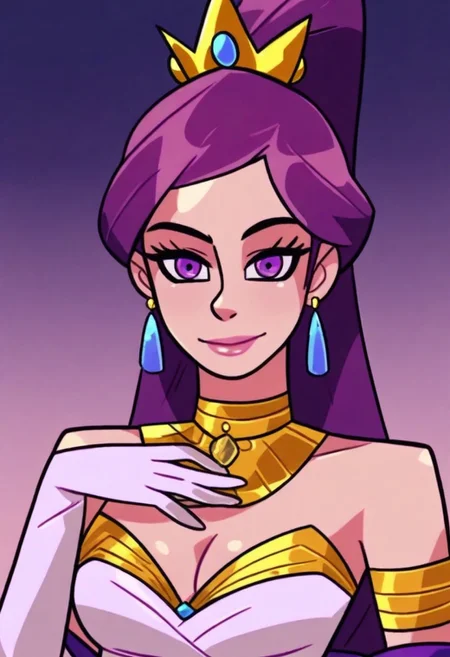 Monster Prom,
1girl, solo, portrait, ponytail, bangs, smile, lips, jewelry, earrings, breasts, cleavage, purple hair, long hair, purple eyes, high ponytail, hair ornament, closed mouth, light smile, bare shoulders, medium breasts, gradient background, gloves, white gloves, dress, gorget, hand on own chest, looking at viewer, elbow gloves, necklace, armlet, eyelashes, gem, detached sleeves, crystal earrings, choker, strapless dress, white dress, crown, off shoulder, bracelet, blue gemstone, gold trim, , gold choker, purple sleeves