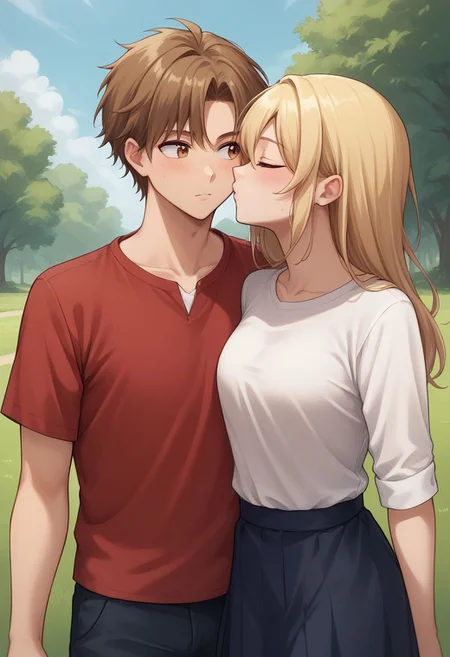 score_9, score_8_up, source_anime, highly detailed,
1girl, 1boy, kiss, blonde hair, brown hair, white shirt, red shirt, shirt, kissing cheeck,
outdoor,