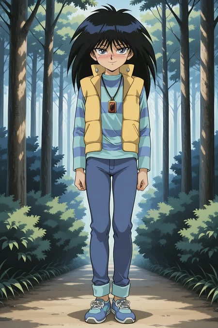 masterpiece,best quality,amazing quality, MokubaKaibaYGOILXL, 1boy, retro artstyle, grey eyes, black hair, long hair, bangs, flat chest, necklace, yellow vest, blue shirt, striped shirt, blue pants, blue shoes, solo, full body, standing, seductive smile, looking at viewer, naughty face, nose blush, forest, tree    <lora:MokubaKaibaYGOILXL:1>