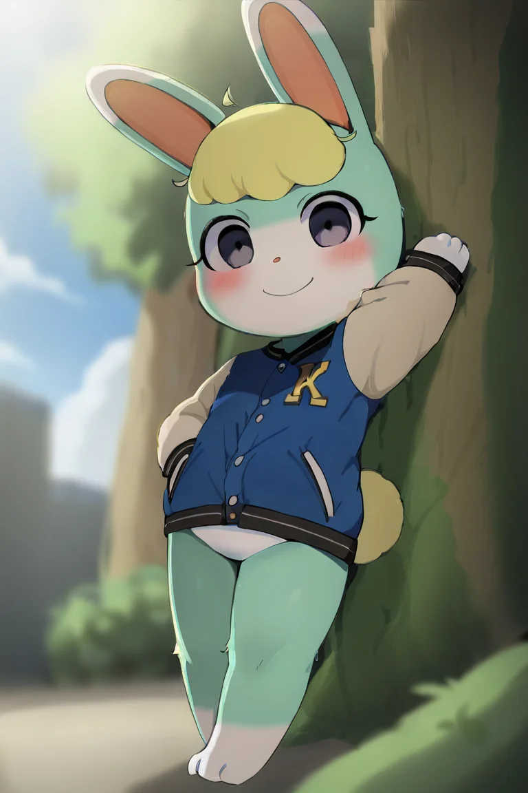 solo, 1boy, male, sasha, smile, BREAK blue jacket, letterman jacket, bottomless, barefoot, BREAK outdoors, forest, trees, colorful, looking at viewer, portrait, BREAK ((ultra-detailed)), ((best quality)), ((best quality)), ((beautiful eyes)), ((extremely detailed)), 4K, (8K), best quality, (beautiful), Master piece, highres, score_9, score_8_up, score_7_up, score_6_up, score_5_up, score_4_up, colorful, best quality, official art, highres, masterpiece, nai3, god light, detailed background, high quality background, AddXL, <lora:more_details:1> <lora:light_sharp_style_magin3.1:1> <lora:Sasha_Dagashi_Style_from_Animal_Crossing:1>