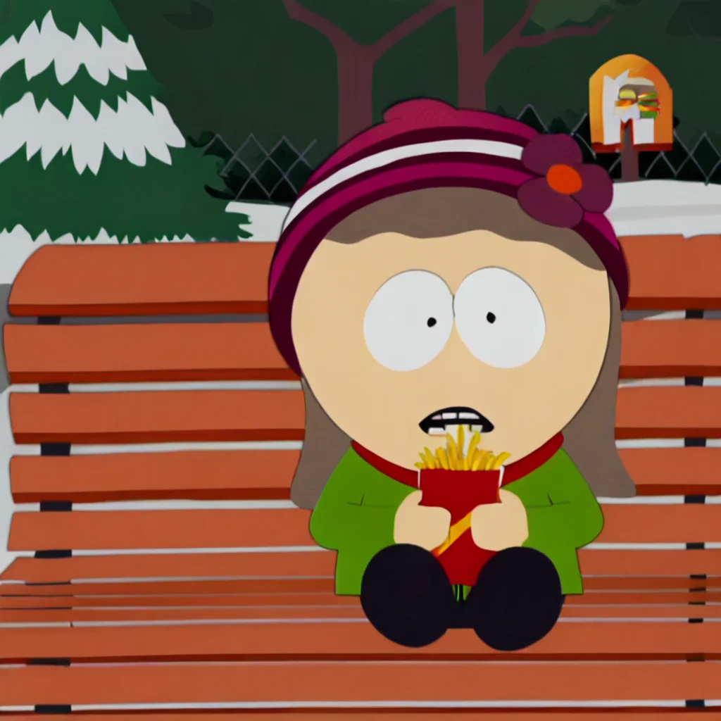Heidi Turner from south park show, 2d,1girl, child, source cartoon, parody light ash brown hair,
lime green jacket with a red collar, black trousers
holding, food, tree, beanie, no hat,, paper,, french fries, bench, teeth, on bench, fence, hat