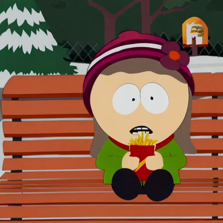 Heidi Turner from south park show, 2d,1girl, child, source cartoon, parody light ash brown hair,
lime green jacket with a red collar, black trousers
holding, food, tree, beanie, no hat,, paper,, french fries, bench, teeth, on bench, fence, hat