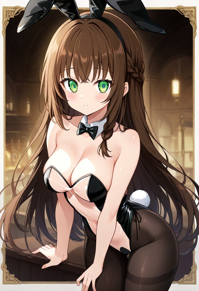 score_9, 1girl, rh34, brown hair, long hair, choppy bangs, high braid, green eyes, medium chest, source_anime, ntm, translucent bunnysuit, bow, animal ears, cleavage, bare shoulders, pantyhose, bowtie, rabbit ears, leotard, black pantyhose, strapless, black bow, detached collar, fake animal ears, playboy bunny, strapless leotard, thighband pantyhose, black bowtie,