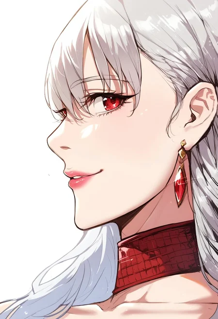 detailed face, detailed eyes, high resolution, intricate design, sharp edges, smooth, high detailed, god level, good proportions, detailed fingers
...
(Elnore, 1girl, cleavage, red eyes, pink lips, long hair, grey hair, bangs, red dress, choker, earrings, jewelry, collarbone, bare shoulders, wrist cuffs, off-shoulder dress, huge thighs)
...
looking at viewer, standing, side view, close up, hands on chest, show face, smile
...
score_10, score_9, score_8, 1girl, solo, alone, cinematic, sketch 
...
white background