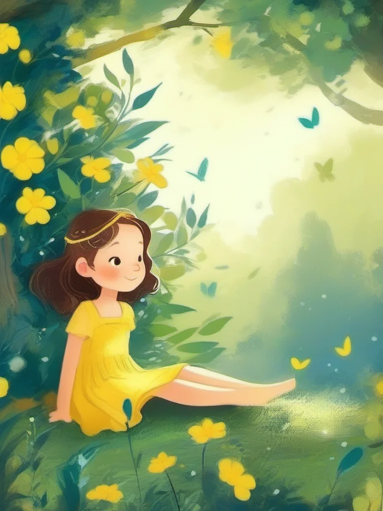 A young girl wearing a yellow dress and a flower in her hair is sitting under a tree., <lora:kids:1> illuillustration,