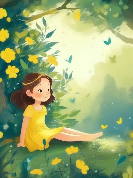 A young girl wearing a yellow dress and a flower in her hair is sitting under a tree., <lora:kids:1> illuillustration,