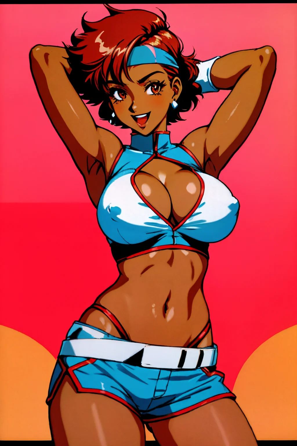 Masterpiece, absurdres,HDR,8k,excited,best quality,
edgDPkei_woman,kei, 1girl, solo, breasts, looking at viewer, smile, short hair, open mouth, large breasts, gloves, navel, cleavage, brown eyes, jewelry, red hair, earrings, shorts, midriff, dark skin, armpits, arm up, covered nipples, dark-skinned female, crop top, headband, arm behind head, retro artstyle ,wearing edgDPkei<lora:edgDPkei:1>
