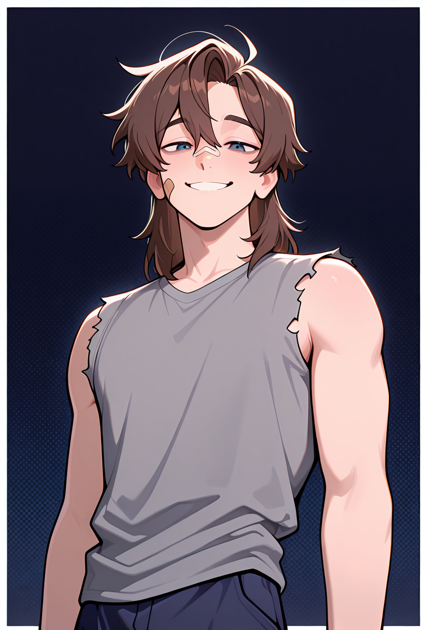 <lora:michafton-10:1> michafton, brown hair, 1boy, grey shirt, sleeveless shirt, bandaid on face, torn clothes, torn sleeves, navy blue shorts, smile, dark blue background,, masterpiece, best quality, amazing quality, very aesthetic, absurdres, newest,, upper body, halftone effect, white borders, abstract background:1.2,