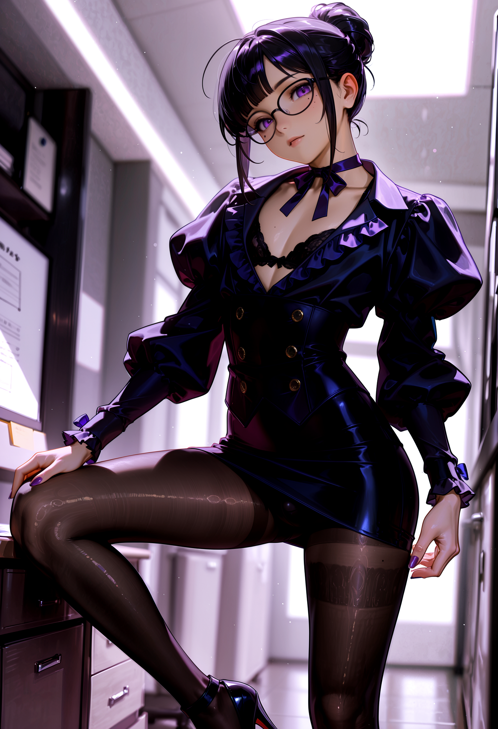 otoko no ko, androgynous, purple eyes, black hair, bangs, hair bun, mole under eye, looking at viewer, head tilt, crossdressing, formal clothes, black-framed eyewear, purple fingernails, BREAK formal shirt, center frills, puffy sleeves, pectoral cleavage, bra peek, ribbon choker, pencil dress, black pantyhose, fine fabric emphasis, high heels, office, bulge, chiaroscuro, dim lighting, contrapposto, pinup, dutch angle, BREAK masterpiece, best quality, very awa, very aesthetic, HDR, detailed shading, <lora:Detailer\cfg_scale_boost:0.7>
