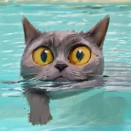 a sad gray british cat with big yellow eyes swimming in a pool, caricature, albeniz rodriguez style <lora:albeniz-rodriguez-style:0.8>