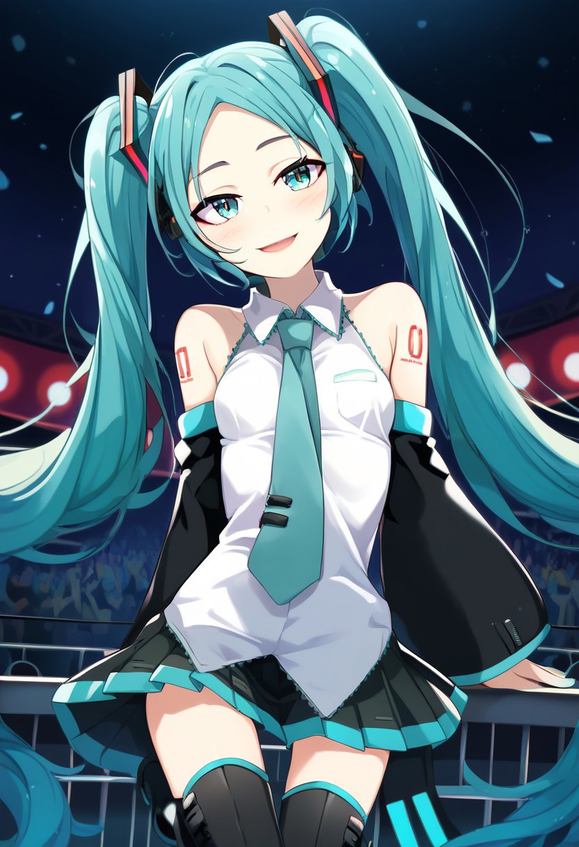 solo, 1girl, female, ogami2160, hatsune miku, smile, absurdly long hair,aqua hair,twintails,hair ornament,sidelocks,hair between eyes,parted bangs,aqua eyes, BREAK white shirt,collared shirt,bare shoulders,sleeveless shirt,aqua necktie,detached sleeves,black sleeves,shoulder tattoo,fringe,black thighhighs,miniskirt,pleated skirt,zettai ryouiki,thigh boots, BREAK indoors, concert, scenario, colorful, portrait, BREAK ((ultra-detailed)), ((best quality)), ((best quality)), ((beautiful eyes)), ((extremely detailed)), 4K, (8K), best quality, (beautiful), Master piece, highres, score_9, score_8_up, score_7_up, score_6_up, score_5_up, score_4_up, colorful, best quality, official art, highres, masterpiece, nai3, god light, detailed background, high quality background,