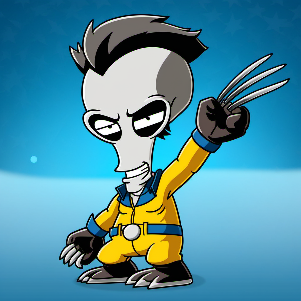 cinematic photo Advertising poster style a cartoon character with grey skin dressed as wolverine, claws <lora:Rodger1024:0.9>  . 35mm photograph, film, bokeh, professional, 4k, highly detailed