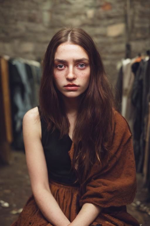 Film still, cinematic, fashion editorial portrait of a cute scared woman, sitting theared weared dirty clothes on ground, brown pastel hair, dark lights, in a dungeon, room as background, suffer, chained, dirt, ((full body)), motion blur, slow shutter speed, bokeh, shot on film, sharp focus, shot on canon, vibrant tones, colorful, low key, (detailed skin texture, detailed eyes)