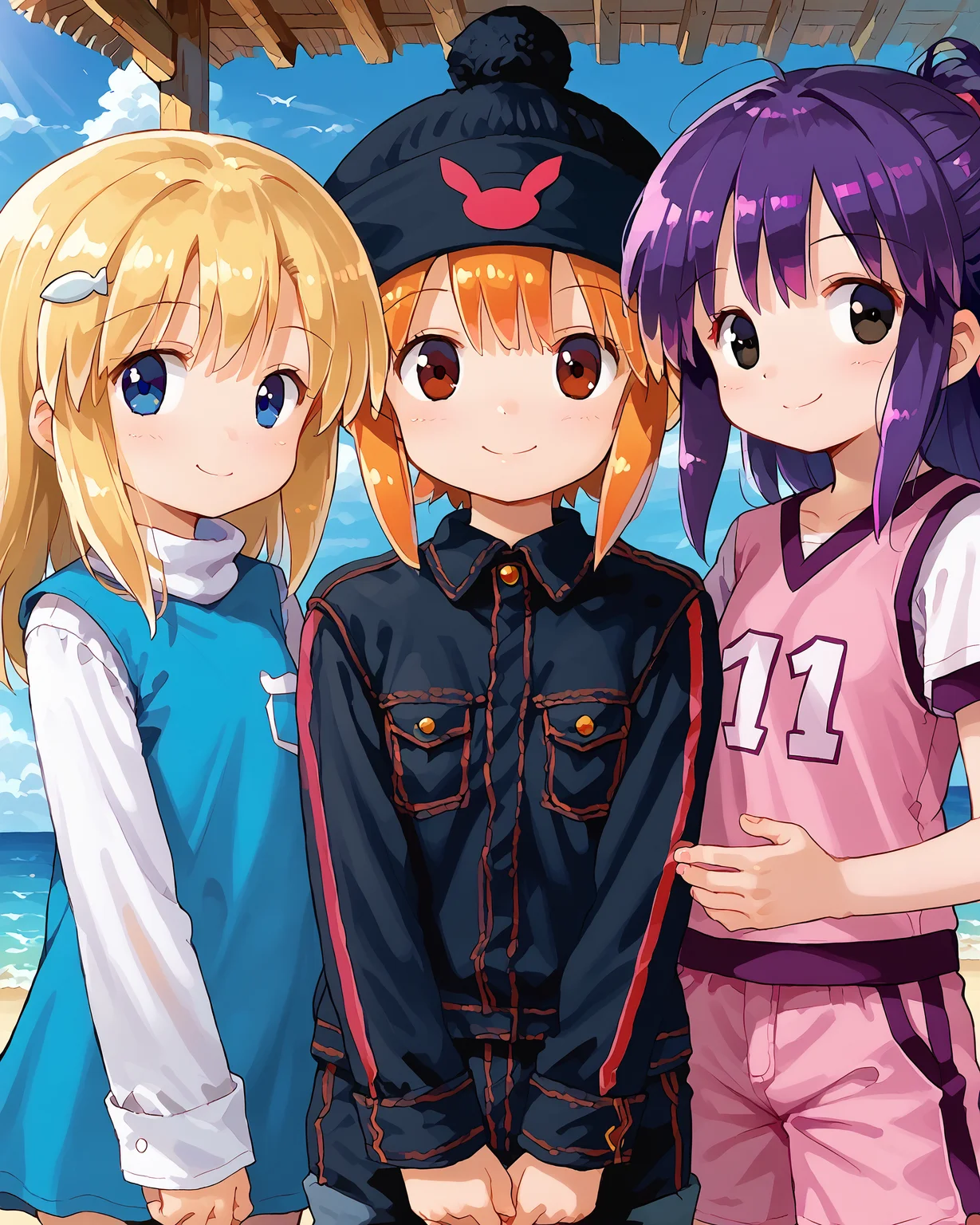 score_9, score_8_up, score_7_up, source_anime, 3girls, hugging,
<lora:[PonyXL] Mana Umihara (NanashiAnon):1> 3girls, Mana_GF, Blonde hair, blue eyes, sidelocks, hair ornament, hair clip, fish hair ornament, bangs, blue dress, white turtleneck, turtleneck dress, white sleeves, long sleeves, layered sleeves, long sleeves under short sleeves, smiling,
  <lora:[PonyXL] Usagi Kurokawa (NanashiAnon):1> 3girls, usagi_kurokawa, short hair, orange hair, bangs, sidelocks, hair down, black beanie, flat chest, denim jacket, black jacket, collared jacket, breast pocket, long sleeves, spread arms, looking at viewer, smiling, grinning,
<lora:[PonyXL] Orochi (Nanashianon):1> 3girls, Orochi_GF,  Rin_GF, black eyes, purple hair, long hair, sidelocks, pink basketball jersey, short sleeves under sleeveless, pink short pants, smiling,
