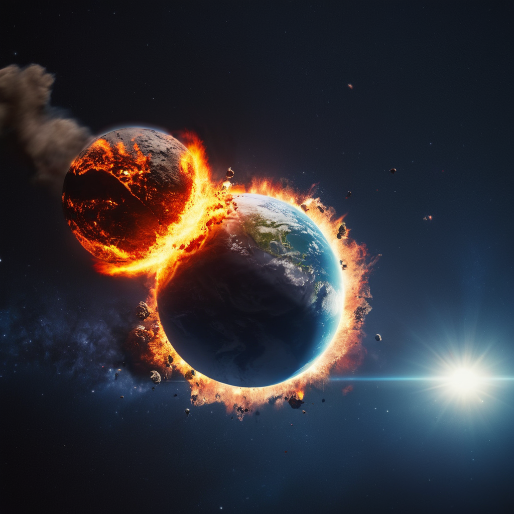 cinematic film still of  <lora:collision style:1>
A collision of a picture of a planet with a fireball in the middle,no humans,fire,star (sky),scenery,space,planet,earth (planet) , impact, crash, explosion, destruction, strike, wreck, smash, planet, outer-space, galaxy, cinematic, film, different color, real, collision style, shallow depth of field, vignette, highly detailed, high budget, bokeh, cinemascope, moody, epic, gorgeous, film grain, grainy