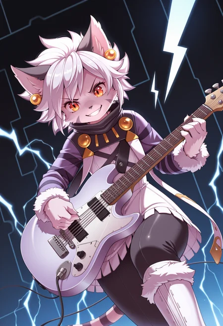 masterpiece, best quality, amazing quality, hjz (artemi), <lora:ElhIllus.safetensors:1>, elh, 1girl, solo, furry female, cat girl, cowboy shot, dutch angle, stepping, holding instrument, grin, angry, cute, red eyes, orange eyes, body fur, cat ears, white hair, short hair, shiny hair, earrings, facial mark, animal nose, striped tail, elhattire, fur trim, striped sleeves, black pants, white boots, playing instrument, electric guitar, (lightning bolt, electric background:1.2)