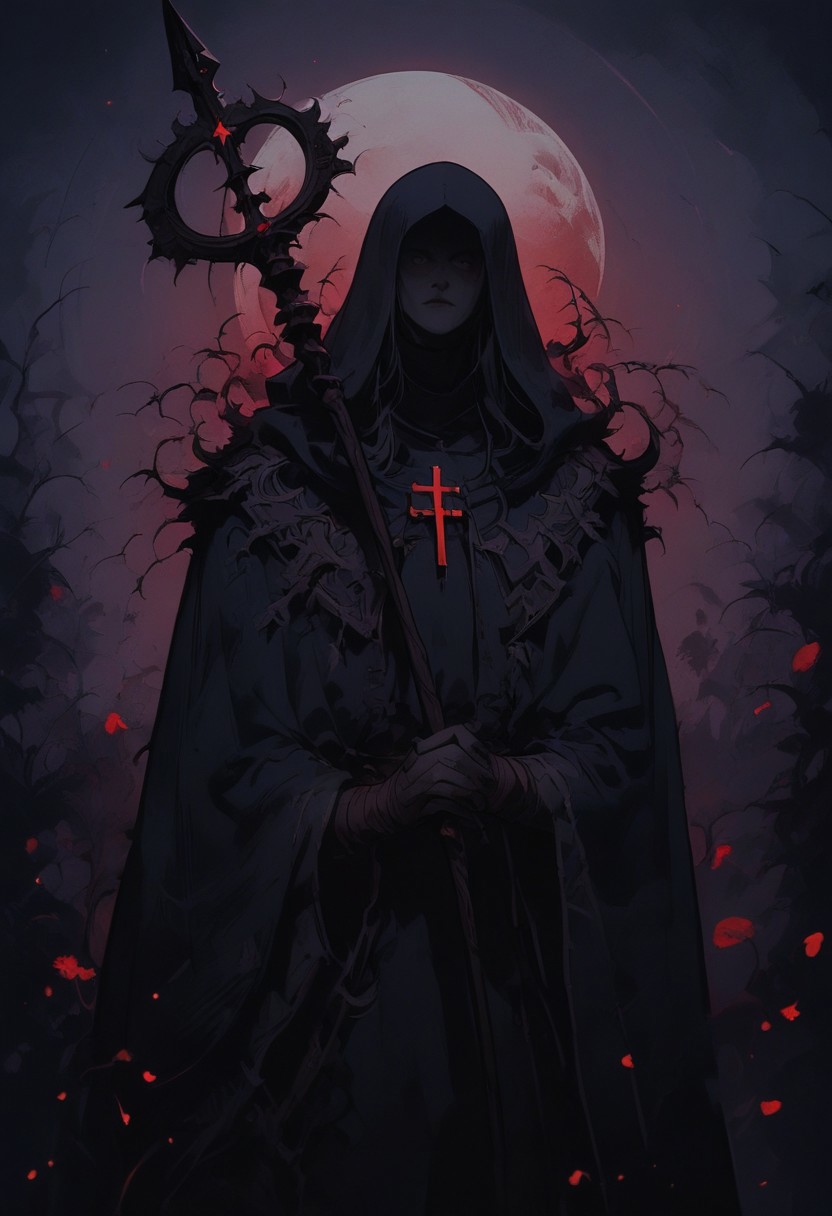 score_9, score_8_up, score_7_up, hidden face, mischievous character, draped in a tattered black fur cloak, standing upright, holding a pagan staff with mushrooms, bats flying around, warlock and trickster, occult tattoos cover hands, with religious outfit visible around the waist. background is a dark thick wood and moon is shining through the ticket, evil and occult aura of the character. The style is ethereal and artistic, soft lighting and shadows, cinematic warm lighting, satanic, black fur cloak should have a rough texture, staff should have a shining bloody rune, the character is frenzy and ecstatic