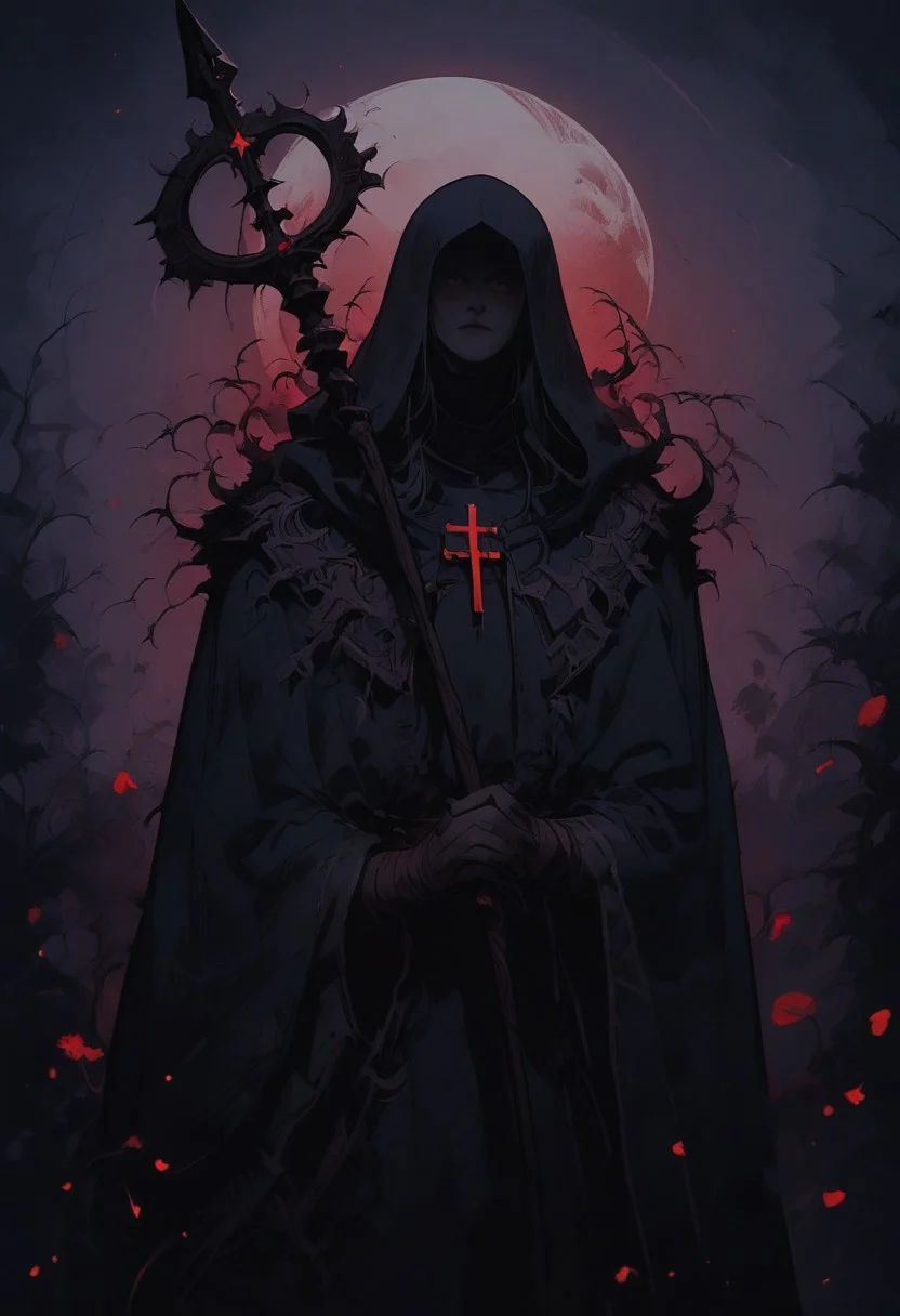 score_9, score_8_up, score_7_up, hidden face, mischievous character, draped in a tattered black fur cloak, standing upright, holding a pagan staff with mushrooms, bats flying around, warlock and trickster, occult tattoos cover hands, with religious outfit visible around the waist. background is a dark thick wood and moon is shining through the ticket, evil and occult aura of the character. The style is ethereal and artistic, soft lighting and shadows, cinematic warm lighting, satanic, black fur cloak should have a rough texture, staff should have a shining bloody rune, the character is frenzy and ecstatic