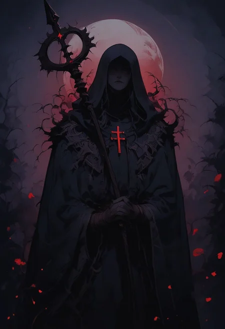 score_9, score_8_up, score_7_up, hidden face, mischievous character, draped in a tattered black fur cloak, standing upright, holding a pagan staff with mushrooms, bats flying around, warlock and trickster, occult tattoos cover hands, with religious outfit visible around the waist. background is a dark thick wood and moon is shining through the ticket, evil and occult aura of the character. The style is ethereal and artistic, soft lighting and shadows, cinematic warm lighting, satanic, black fur cloak should have a rough texture, staff should have a shining bloody rune, the character is frenzy and ecstatic