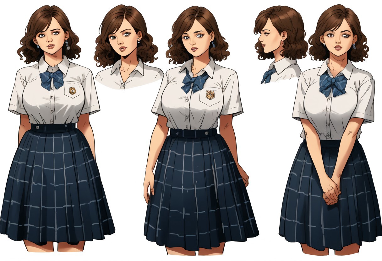 score_9, score_8_up, score_7_up, score_6_up, adult beautiful woman,   (chiaroscuro lighting) 
source_cartoon,   f3rn4nd0, (line art), 
1female), solo,
 (CharacterSheet:1), 
simple white background, dynamic pose, reference sheet, waist up shot, (from front), (from behind), CharacterDesignXL 
(1female). solo,
(gigantic breasts), 
asahina, school_uniform,plaid,skirt,