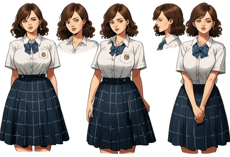 score_9, score_8_up, score_7_up, score_6_up, adult beautiful woman, (chiaroscuro lighting)
source_cartoon, f3rn4nd0, (line art),
1female), solo,
(CharacterSheet:1),
simple white background, dynamic pose, reference sheet, waist up shot, (from front), (from behind), CharacterDesignXL
(1female). solo,
(gigantic breasts),
asahina, school_uniform,plaid,skirt,