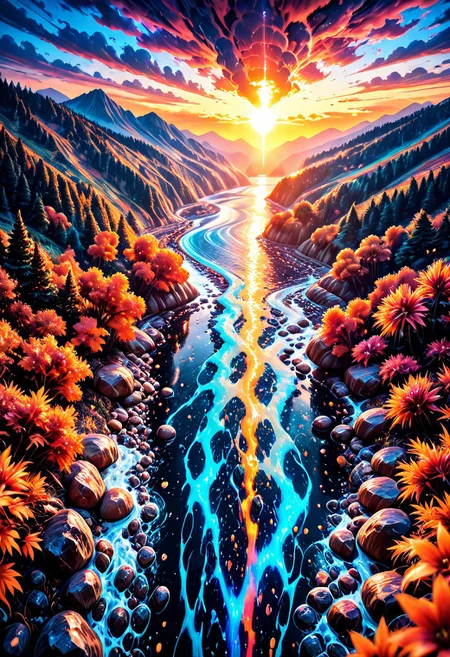SmoothNoob_Quality, nature, sunset, river, floating palace, beautiful and delicate water, (bloom), (shine), colorful, dynamic vivid colors, panorama, landscape, Colorful portraits, dynamic lighting, Natural atmospheric lighting, elegant