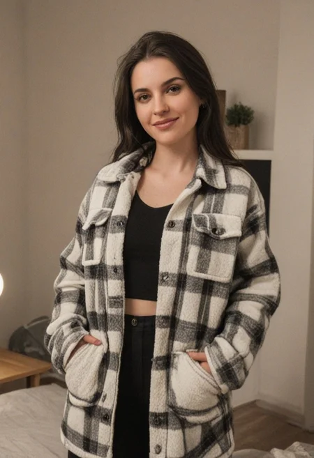 30yo woman wearing Plaid Polar Fleece Shacket with white textures
long black dark hair slick back and smooth. Kissface.
smile. Looking at camera. POV.
happy.
Living room. Fully furnished.
Night time.
Portrait.