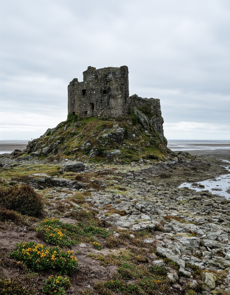 <lora:YCO_flux_F1b:0.7> yco_flux, castle, outside, vegetation, closeup, dirty, crackled, flowers, roots, scattered rocks, dust, (moss:0.4), water, clouds, mist, sea, waves, beach,