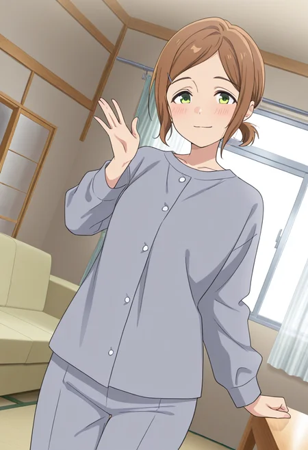 masterpiece,best quality,absurdres,perfect lighting,indoors,curtains,window,table,couch, tatami
*//*,<lora:HealerGirl_ShokoNagisa-Illustrious:1>,shoko_nagisa,1girl,solo,brown hair,short hair,green eyes,pajamas,long sleeves,gray shirt,gray pants,
*//*,looking at viewer,cowboy shot,dutch angle,dynamic pose,light smile,