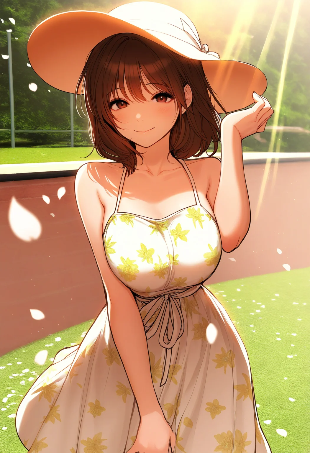 safe, masterpiece, very aesthetic, 1girl, hari, solo, floral sundress, summer hat, outside, sunlight, petals, smile
<lora:Hari-Noona_NAIXL_v10:0.9>