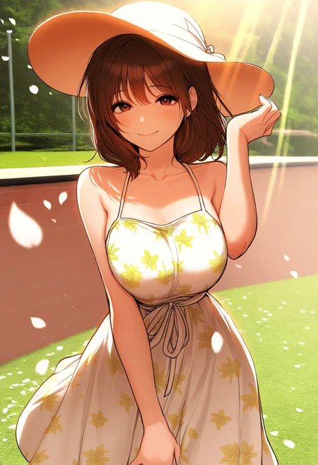 safe, masterpiece, very aesthetic, 1girl, hari, solo, floral sundress, summer hat, outside, sunlight, petals, smile
<lora:Hari-Noona_NAIXL_v10:0.9>