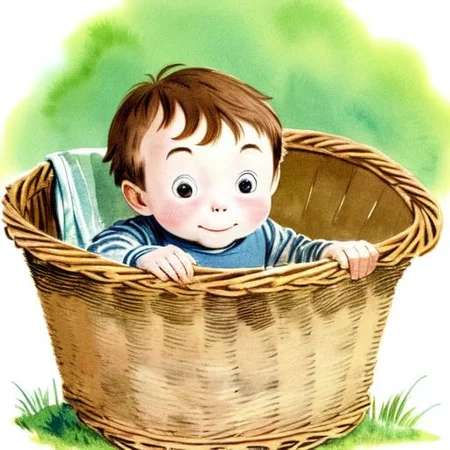 a small boy peaking out of a wicker laundry hamper, only eyes and hair visible, watercolor illustration, kidbooks style ,