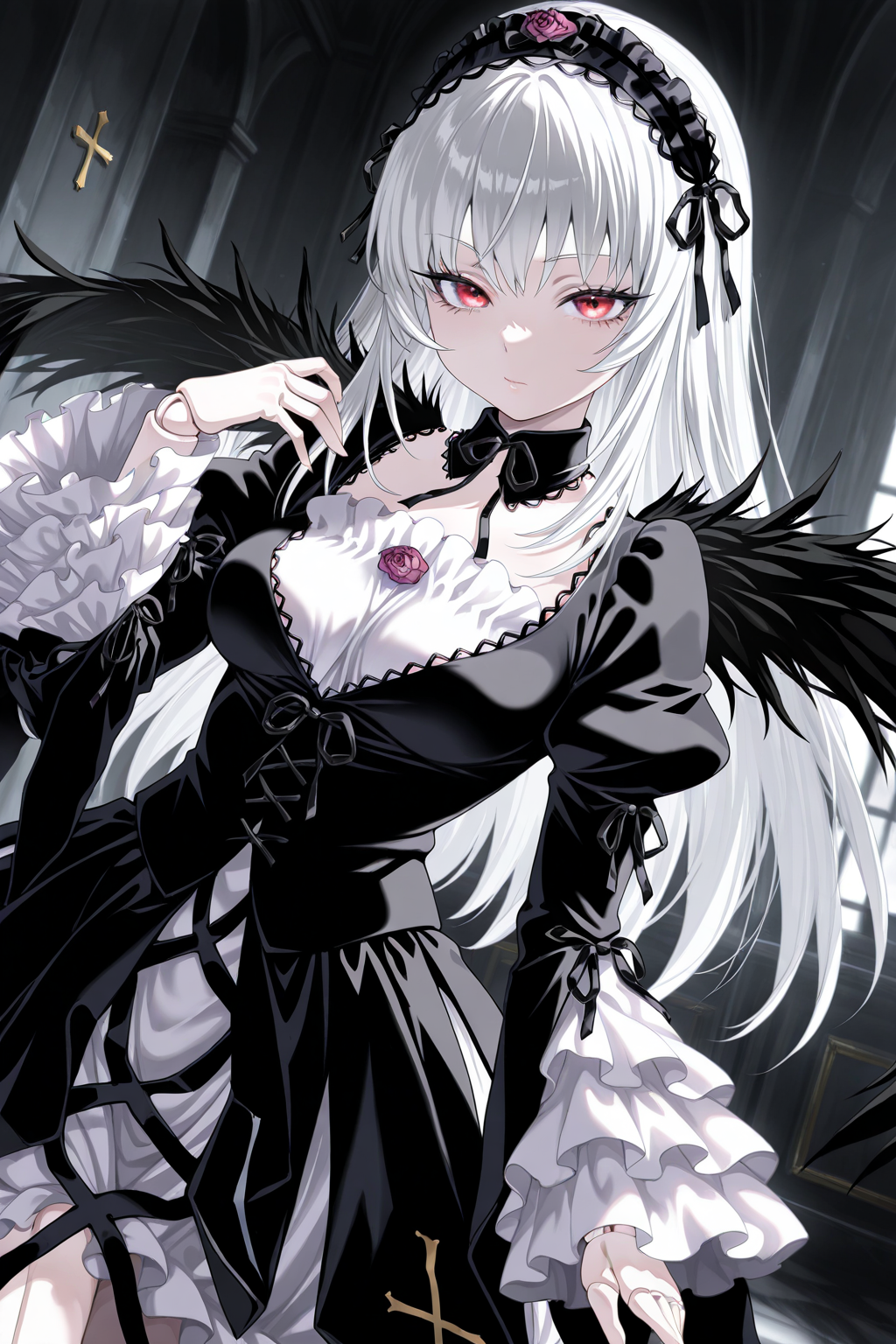 1girl, SuigintouRozenMaiden,
general, solo, dynamic angle,
long hair, white hair, red eyes, eyelashes, doll joints, pale skin,
hairband, detached collar, black ribbon, black dress,
breasts,
frilled sleeves,
black wings, cross print,
black theme, indoors,
<lora:kp_SuigintouRozenMaidenIllustrious_v1_0:1.0>,
masterpiece, best quality, amazing quality