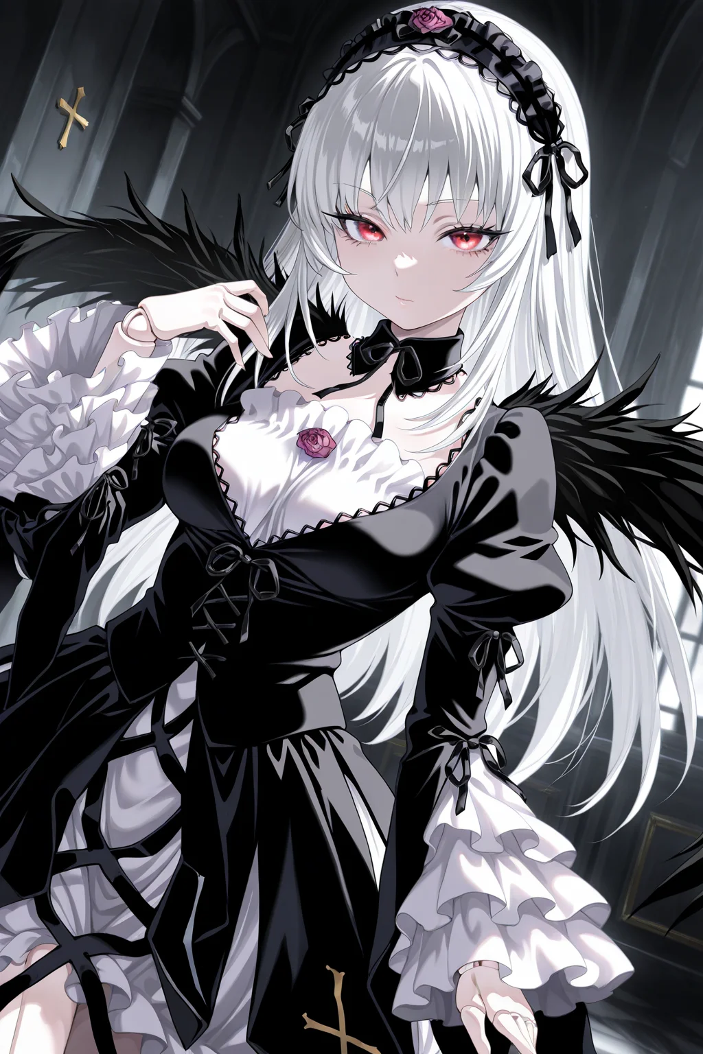 1girl, SuigintouRozenMaiden,
general, solo, dynamic angle,
long hair, white hair, red eyes, eyelashes, doll joints, pale skin,
hairband, detached collar, black ribbon, black dress,
breasts,
frilled sleeves,
black wings, cross print,
black theme, indoors,
<lora:kp_SuigintouRozenMaidenIllustrious_v1_0:1.0>,
masterpiece, best quality, amazing quality