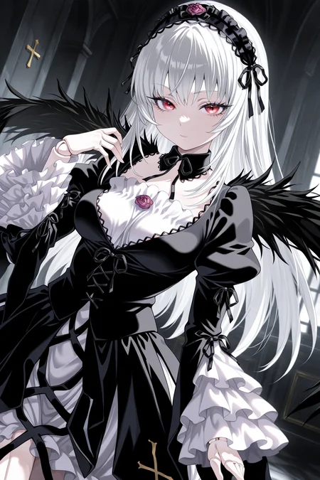 1girl, SuigintouRozenMaiden,
general, solo, dynamic angle,
long hair, white hair, red eyes, eyelashes, doll joints, pale skin,
hairband, detached collar, black ribbon, black dress,
breasts,
frilled sleeves,
black wings, cross print,
black theme, indoors,
<lora:kp_SuigintouRozenMaidenIllustrious_v1_0:1.0>,
masterpiece, best quality, amazing quality