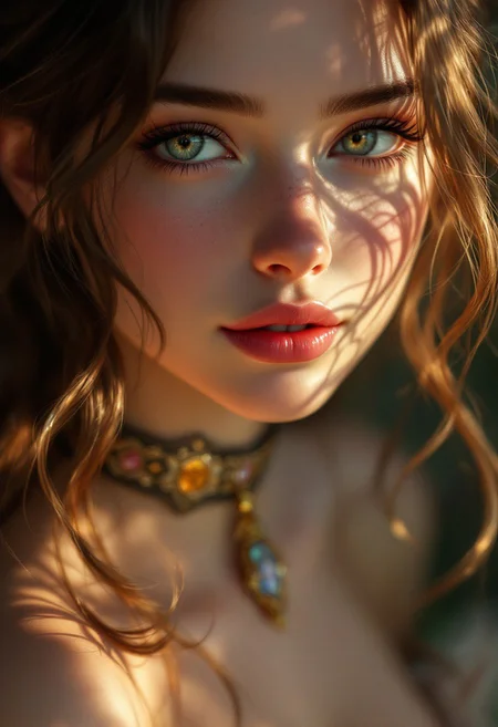 hyperrealistic digital painting by Jeremiah Ketner and Charlie Bowater and Stanley Artgerm and Thomas Saliot and J. Scott Campbell, shallow depth of field, realistic anime, bokeh, lifelike anime woman, closeup on cute face and body, eyes, lips, light and shadows on face, Irish girl wearing a royal choker, amulet, fully dressed, cleavage